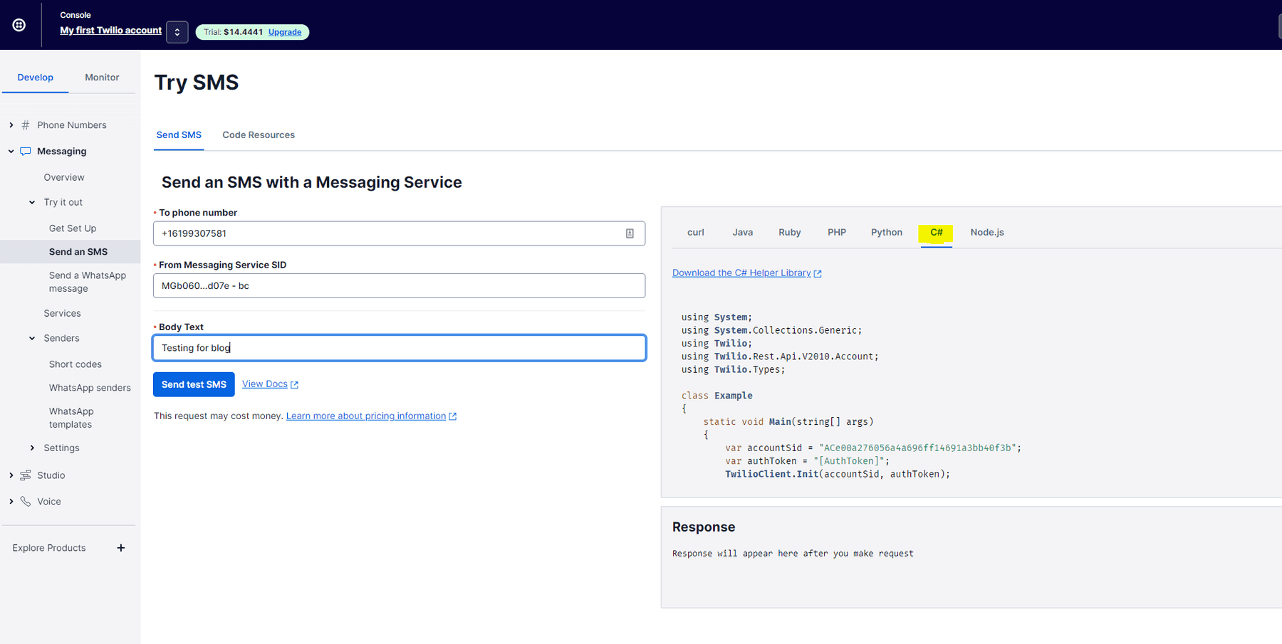 Twilio platform sample code for SMS