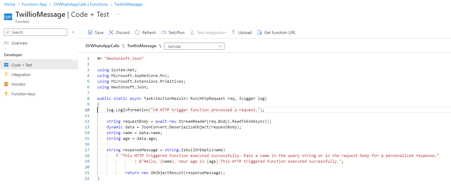 Visual Studio Azure Function sample of sending WhatsApp leveraging Twilio framework