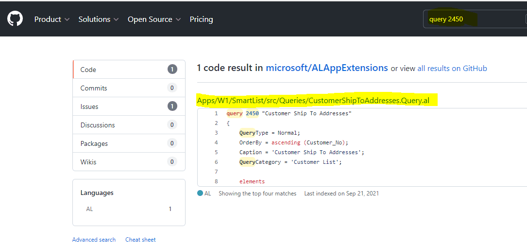 Github repository ALAppExtensions shows Query 2450